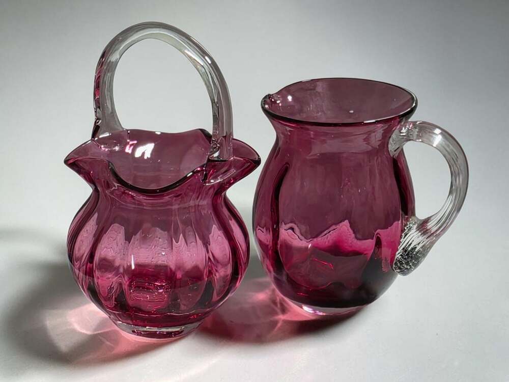 Vntg Pilgrim Art Glass Cranberry Ribbed Basket & Pitcher Set with Clear Handles